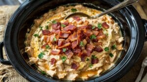 A creamy chicken dish topped with chopped cooked bacon and fresh parsley is served in a black slow cooker with a metal spoon. The dish appears rich and hearty, with visible spices and herbs.