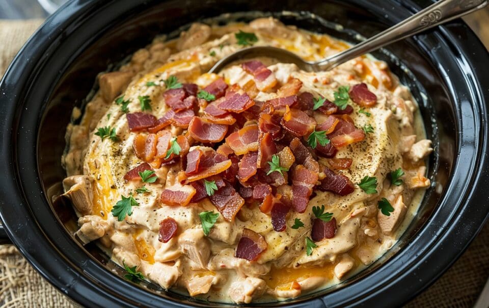 A creamy chicken dish topped with chopped cooked bacon and fresh parsley is served in a black slow cooker with a metal spoon. The dish appears rich and hearty, with visible spices and herbs.