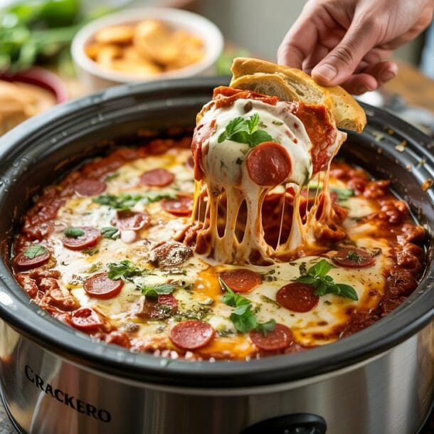 A hand lifts a cheesy, pepperoni-topped crockpot pizza dip with bread from a slow cooker, surrounded by crackers, breadsticks, and dip on a wooden table. The dish is garnished with fresh herbs.