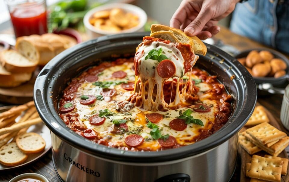 A hand lifts a cheesy, pepperoni-topped crockpot pizza dip with bread from a slow cooker, surrounded by crackers, breadsticks, and dip on a wooden table. The dish is garnished with fresh herbs.