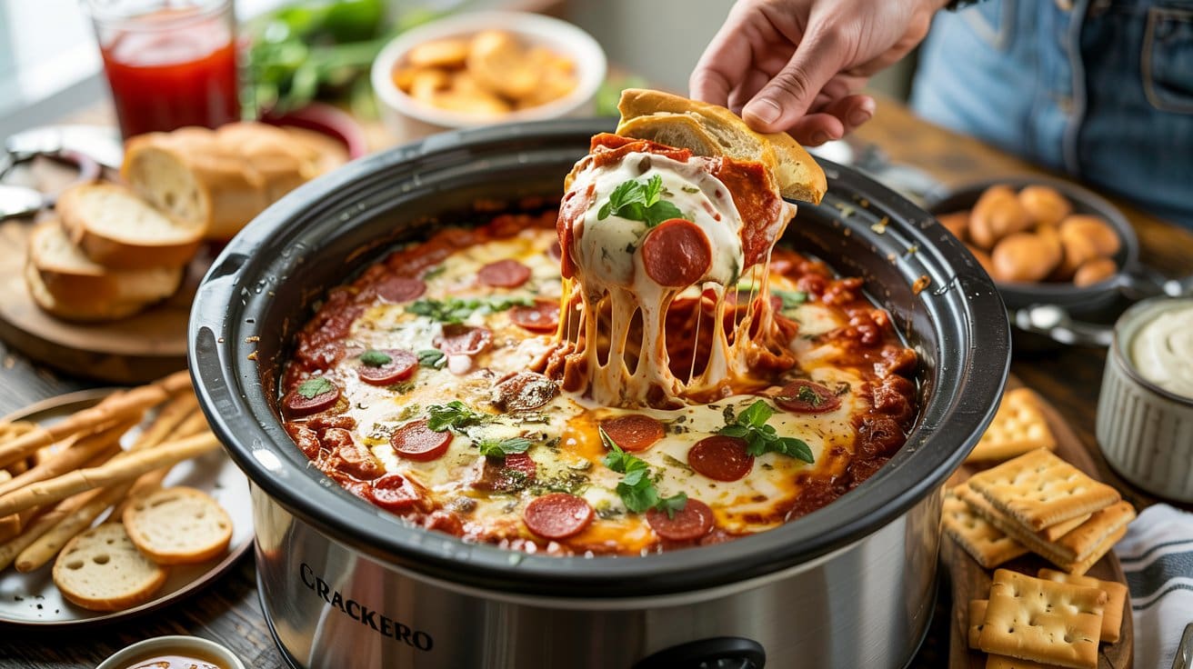 A hand lifts a cheesy, pepperoni-topped crockpot pizza dip with bread from a slow cooker, surrounded by crackers, breadsticks, and dip on a wooden table. The dish is garnished with fresh herbs.