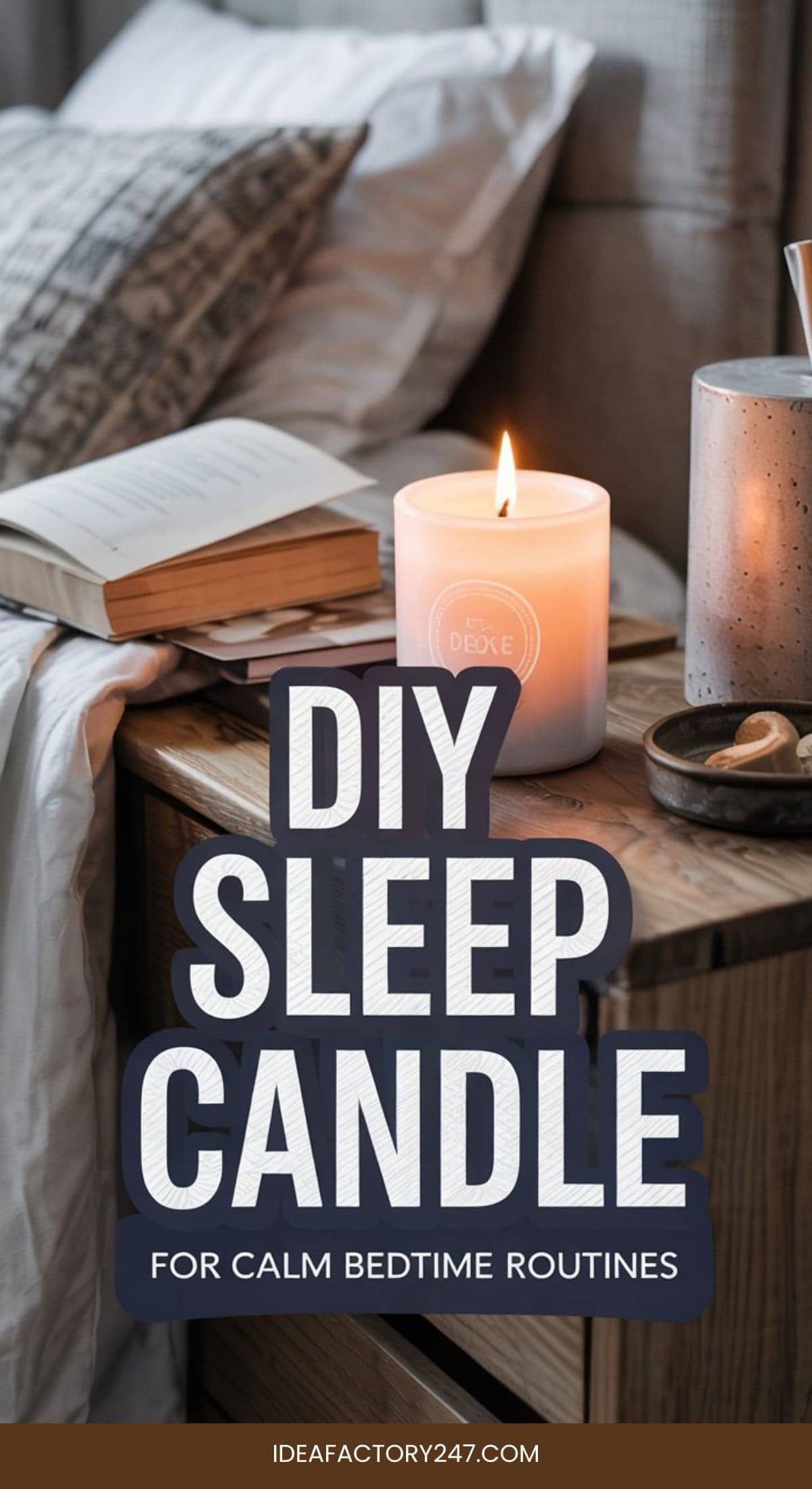 A lit DIY sleep candle, an open book, and a ceramic mug sit on a wooden bedside table next to a cozy, unmade bed. Text reads: DIY Sleep Candle for Calm Bedtime Routines.