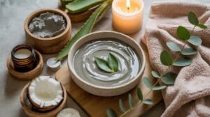 A bowl of DIY clay foot mask with green leaves on top, surrounded by aloe vera, a candle, eucalyptus leaves, a towel, and various small jars of skincare products on a wooden tray.