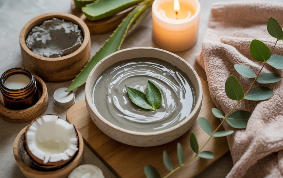 A bowl of DIY clay foot mask with green leaves on top, surrounded by aloe vera, a candle, eucalyptus leaves, a towel, and various small jars of skincare products on a wooden tray.