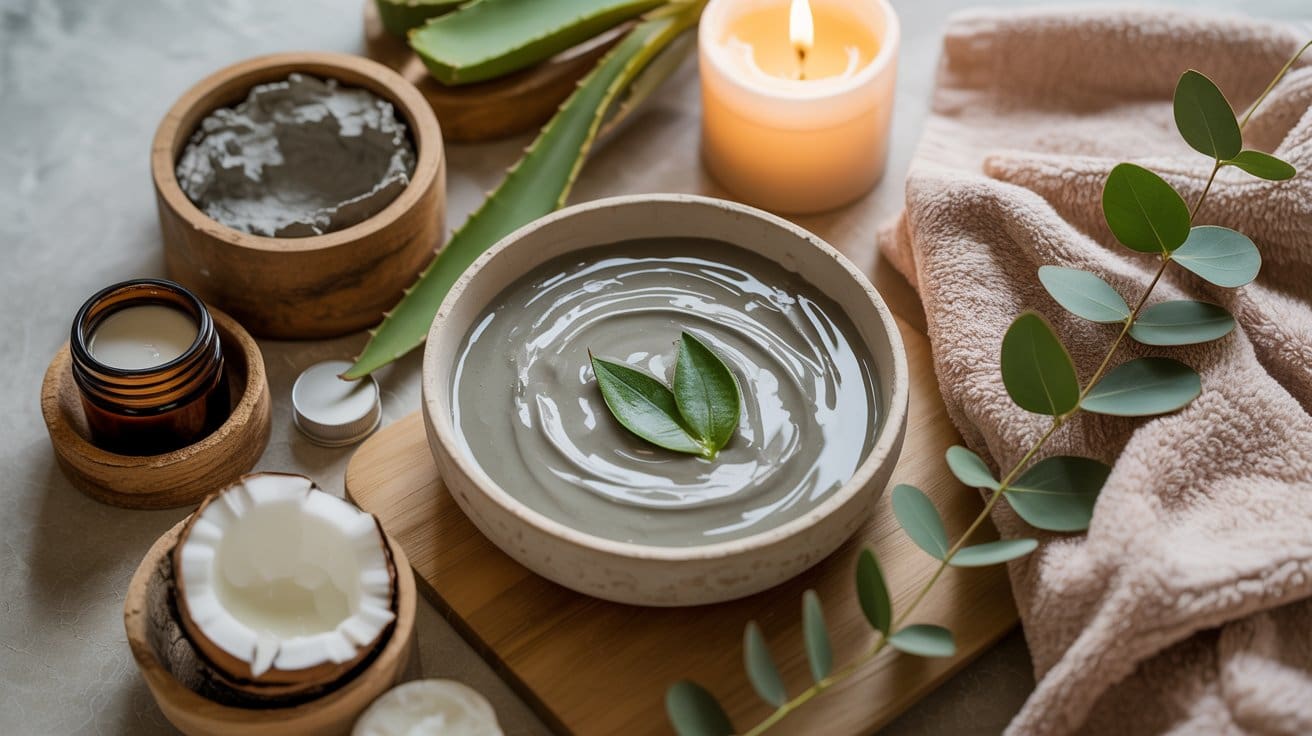 A bowl of DIY clay foot mask with green leaves on top, surrounded by aloe vera, a candle, eucalyptus leaves, a towel, and various small jars of skincare products on a wooden tray.