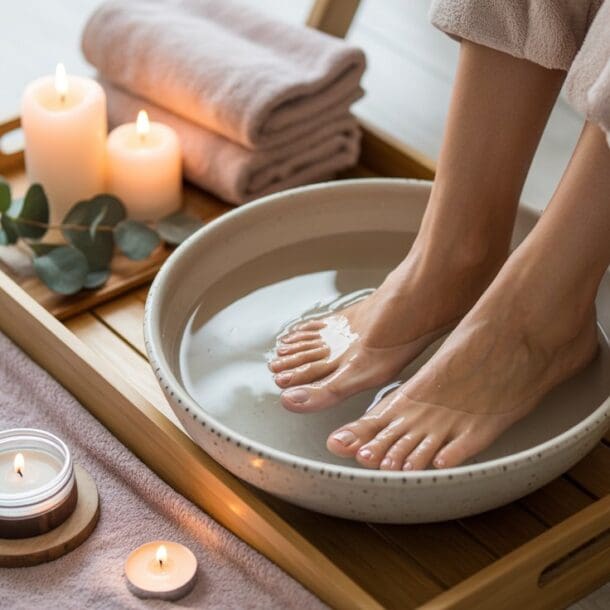 A person soaks their feet in a bowl of water on a wooden tray, surrounded by lit candles, a jar of bath salts, a towel, and eucalyptus leaves, creating a relaxing spa-like atmosphere.