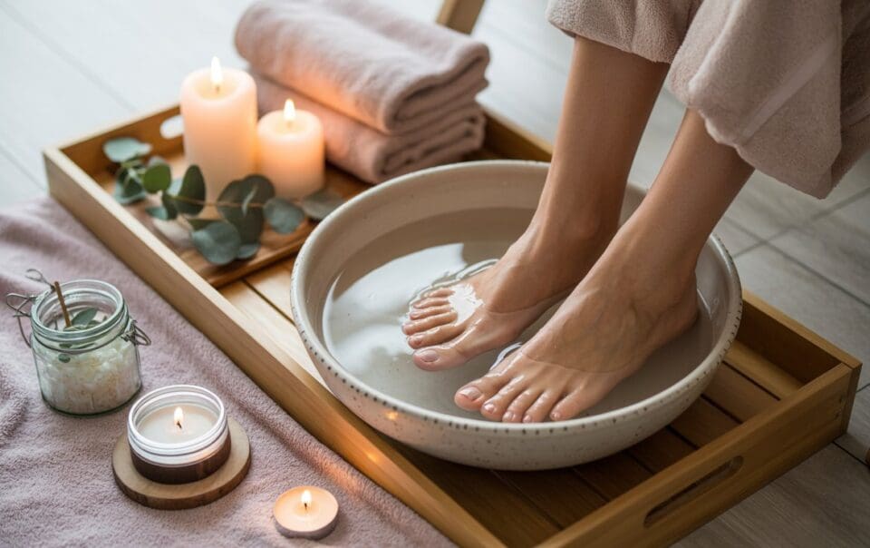A person soaks their feet in a bowl of water on a wooden tray, surrounded by lit candles, a jar of bath salts, a towel, and eucalyptus leaves, creating a relaxing spa-like atmosphere.