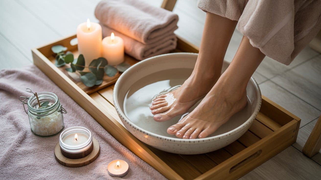 A person soaks their feet in a bowl of water on a wooden tray, surrounded by lit candles, a jar of bath salts, a towel, and eucalyptus leaves, creating a relaxing spa-like atmosphere.