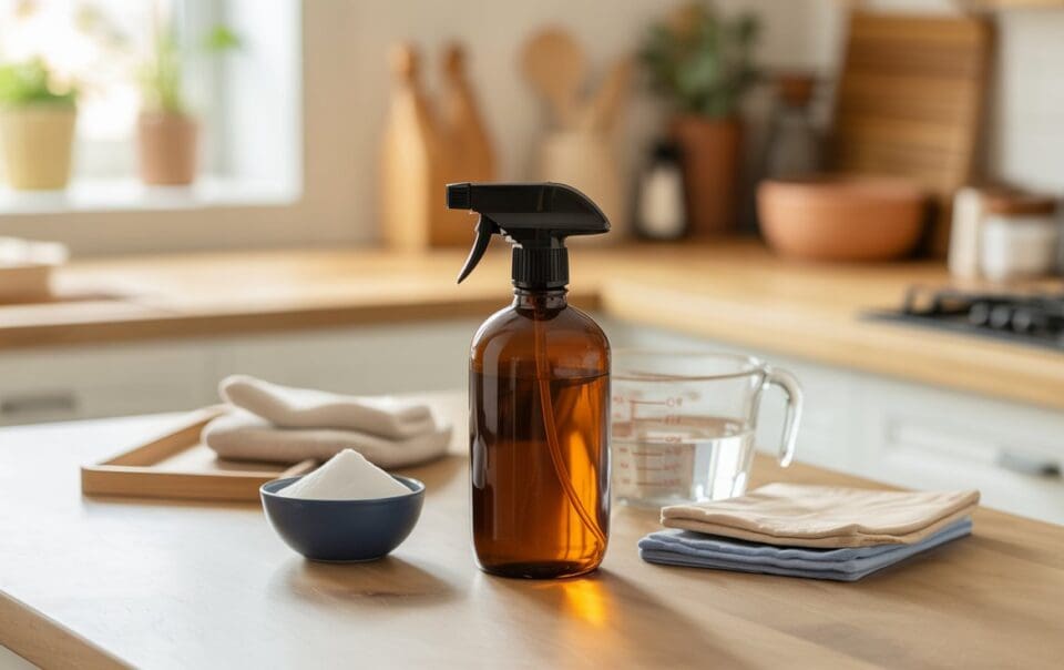 A brown spray bottle, a bowl of white powder, a glass measuring cup with water, folded cloths, and towels are arranged on a kitchen counter with a blurred kitchen background.