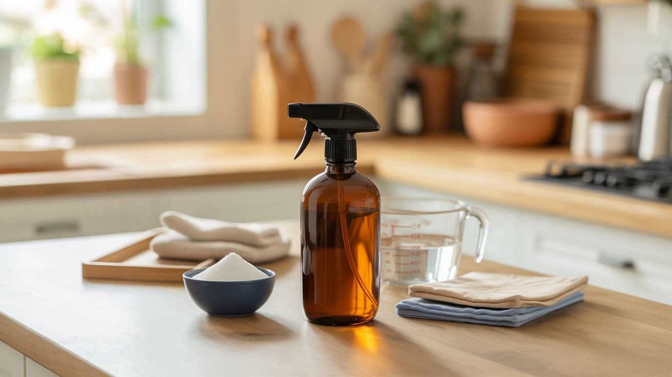 A brown spray bottle, a bowl of white powder, a glass measuring cup with water, folded cloths, and towels are arranged on a kitchen counter with a blurred kitchen background.
