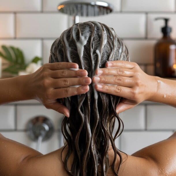 A person seen from behind washing their hair in the shower, with shampoo lather in their hair. The background features lit candles, brown bottles, and a green leaf on a shelf against white tiled walls.