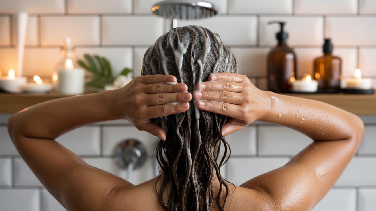 A person seen from behind washing their hair in the shower, with shampoo lather in their hair. The background features lit candles, brown bottles, and a green leaf on a shelf against white tiled walls.