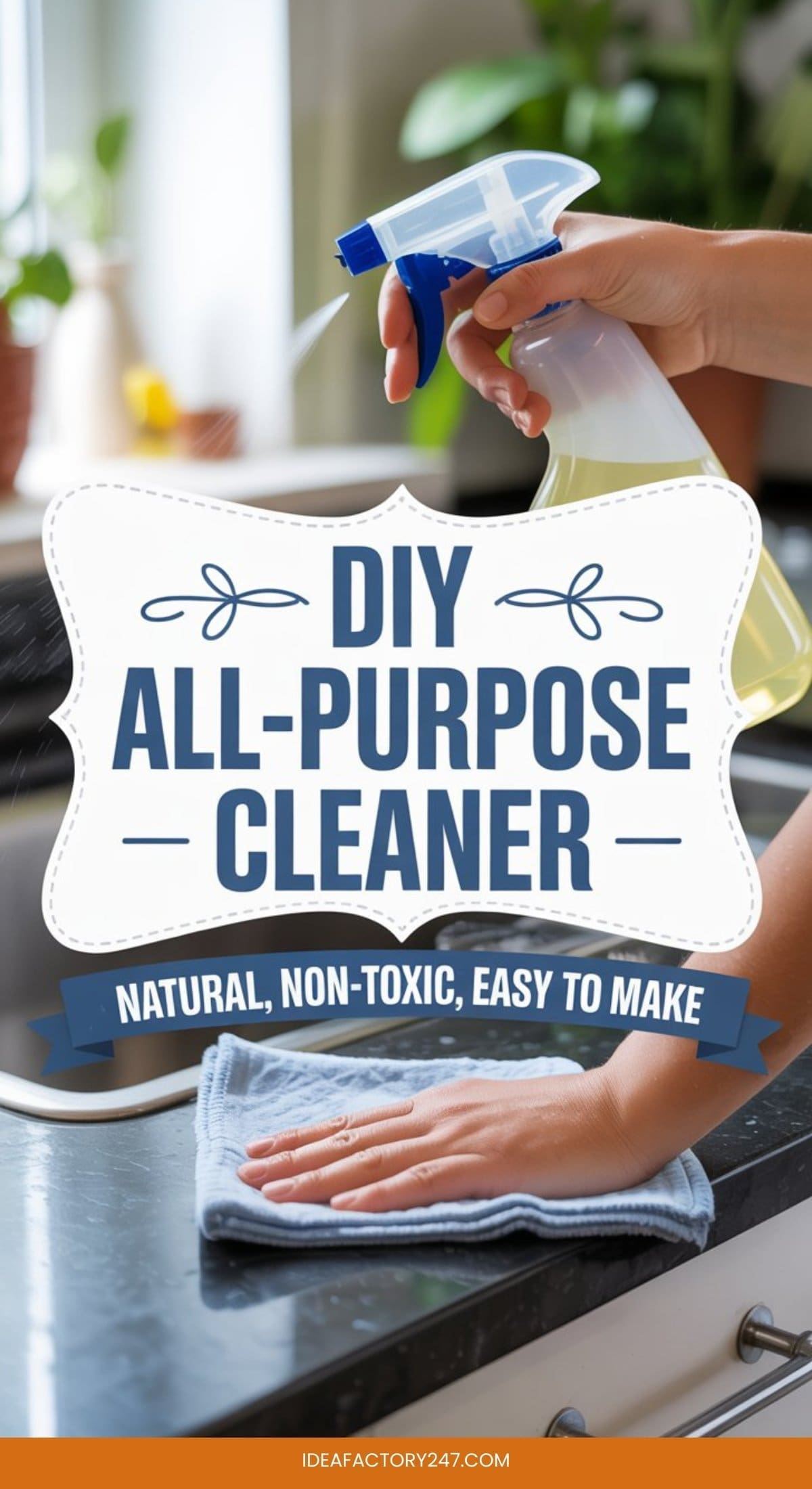 A person uses a diy all purpose cleaner, spraying from a blue-top bottle onto a cloth while wiping a kitchen counter. Overlaid text reads: DIY All-Purpose Cleaner—Natural, Non-Toxic, Easy to Make.