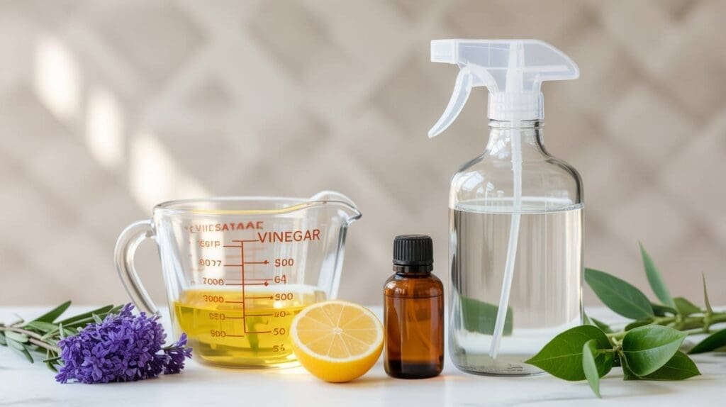 A glass measuring cup with vinegar, a lemon half, a small amber dropper bottle, a clear spray bottle, lavender flowers, and green leaves on a white surface.