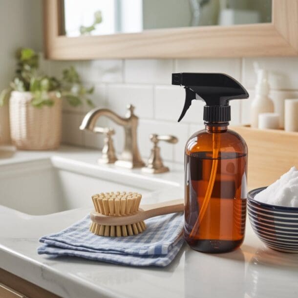 A bathroom sink countertop with a brown spray bottle, a wooden brush on a striped cloth, and a bowl of foamy cleanser. Towels, soap, and a plant are in the background, creating a clean, organized scene.