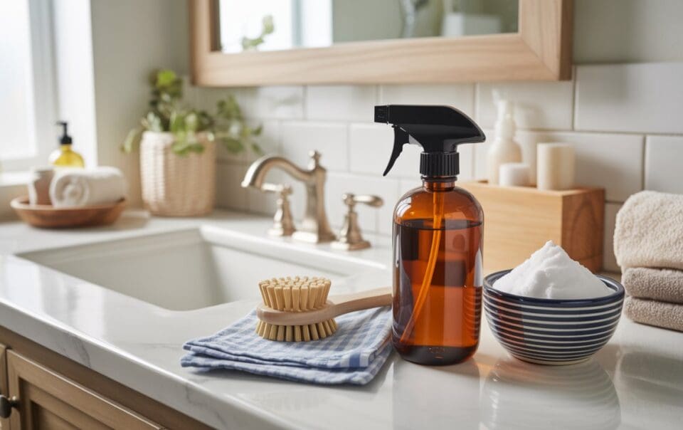 A bathroom sink countertop with a brown spray bottle, a wooden brush on a striped cloth, and a bowl of foamy cleanser. Towels, soap, and a plant are in the background, creating a clean, organized scene.
