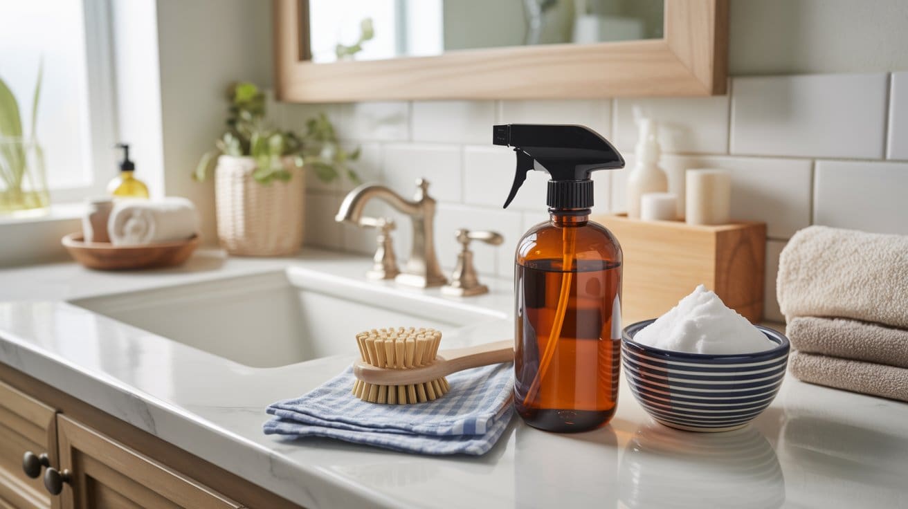 A bathroom sink countertop with a brown spray bottle, a wooden brush on a striped cloth, and a bowl of foamy cleanser. Towels, soap, and a plant are in the background, creating a clean, organized scene.