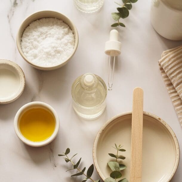 A flat lay of spa ingredients, including bowls of oil, salt, and liquid, a dropper bottle, eucalyptus leaves, a wooden spatula, and striped towels on a marble surface.