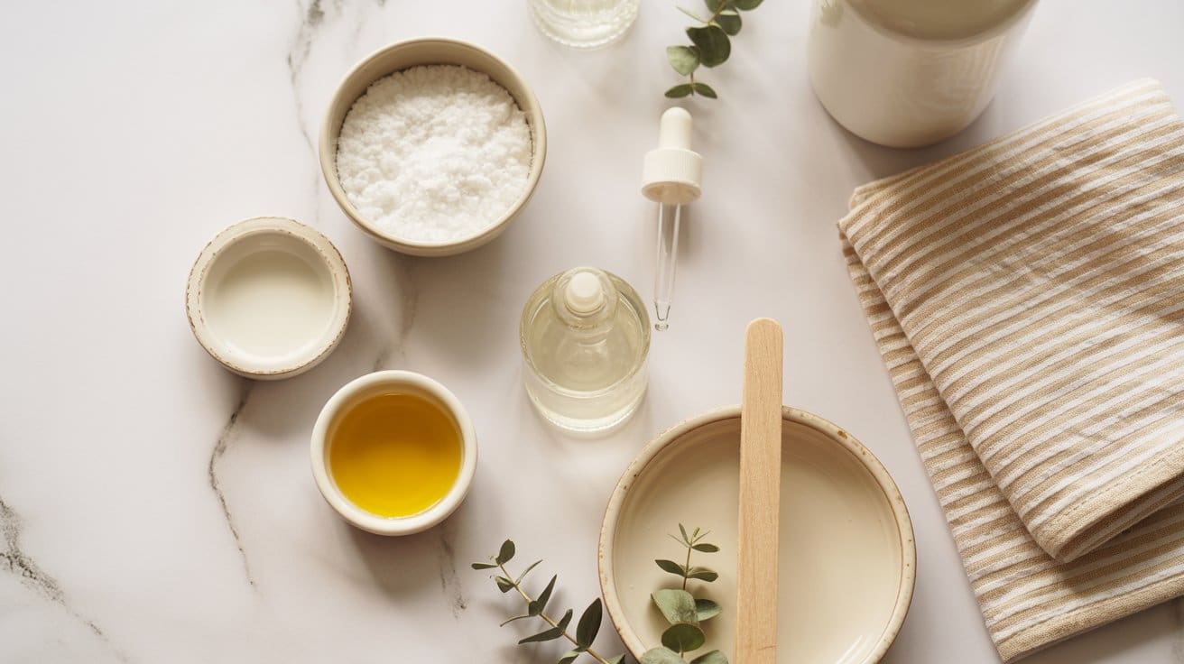 A flat lay of spa ingredients, including bowls of oil, salt, and liquid, a dropper bottle, eucalyptus leaves, a wooden spatula, and striped towels on a marble surface.