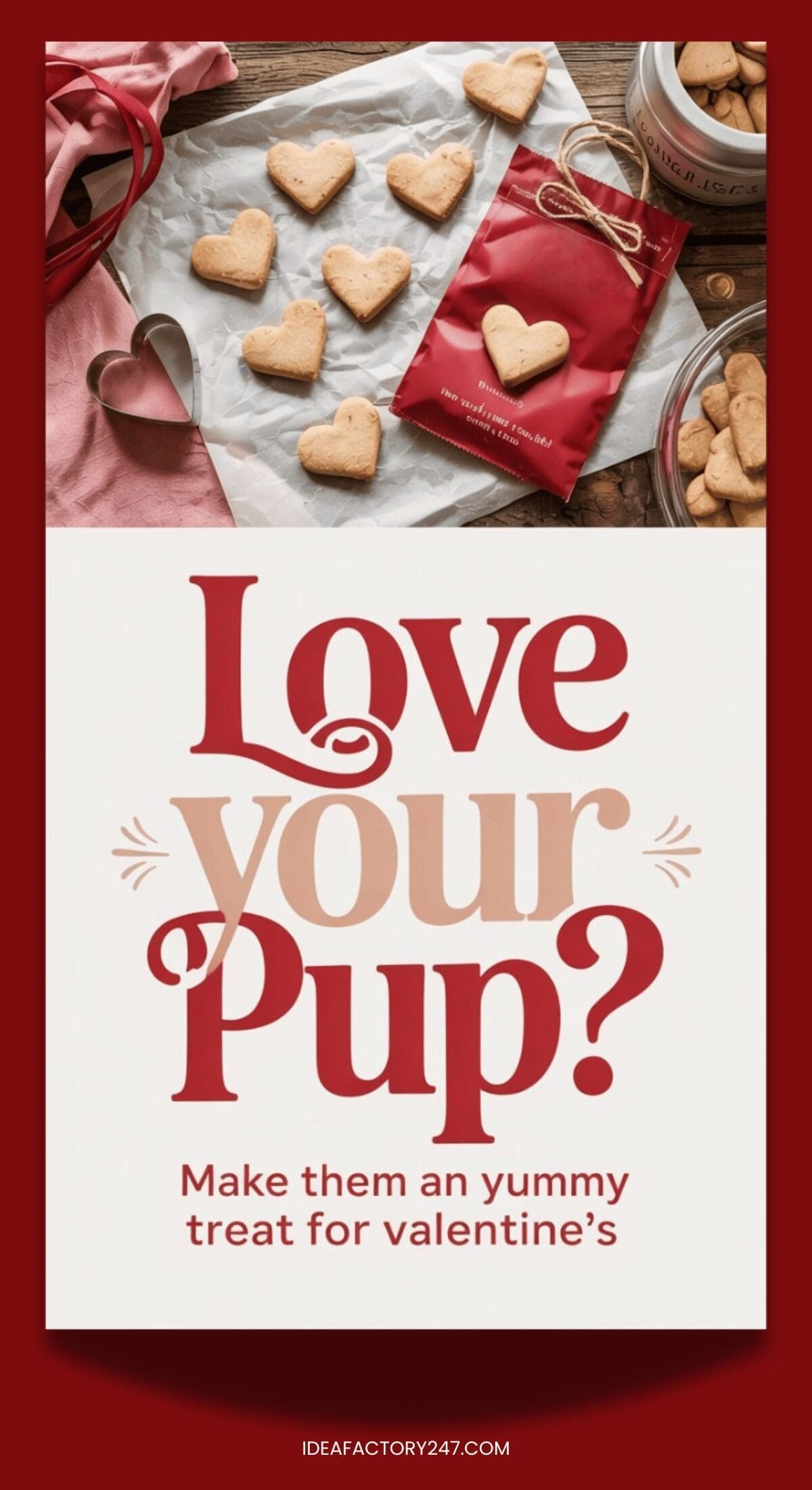 A display of heart-shaped homemade dog biscuits on parchment paper with a red bag, heart cookie cutter, and a bowl of treats. Text below reads: Love your Pup? Make them a yummy treat for Valentine’s.