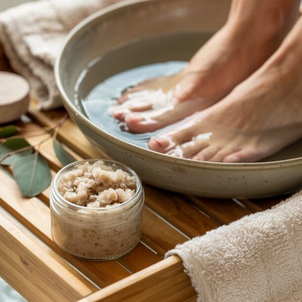 A person’s feet soaking in a bowl of water on a wooden bath tray, with a jar of scrub, a pumice stone, fresh eucalyptus leaves, and a rolled towel nearby, creating a relaxing spa atmosphere.