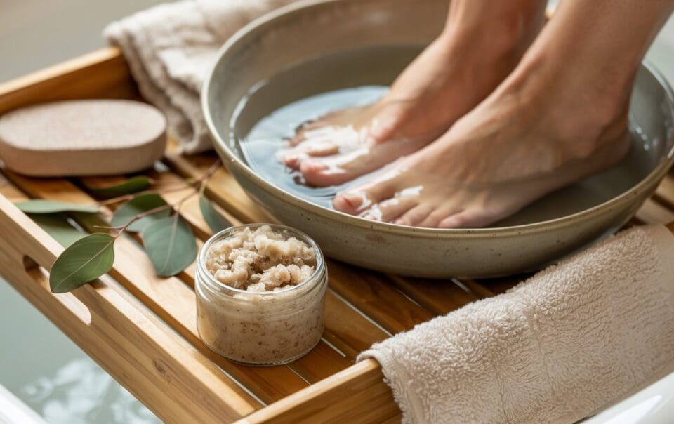 A person’s feet soaking in a bowl of water on a wooden bath tray, with a jar of scrub, a pumice stone, fresh eucalyptus leaves, and a rolled towel nearby, creating a relaxing spa atmosphere.