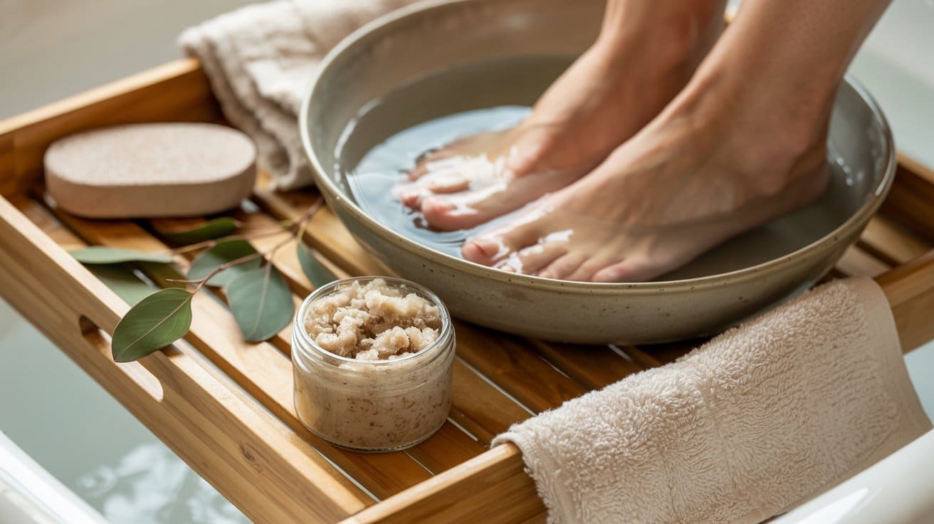 A person’s feet soaking in a bowl of water on a wooden bath tray, with a jar of scrub, a pumice stone, fresh eucalyptus leaves, and a rolled towel nearby, creating a relaxing spa atmosphere.