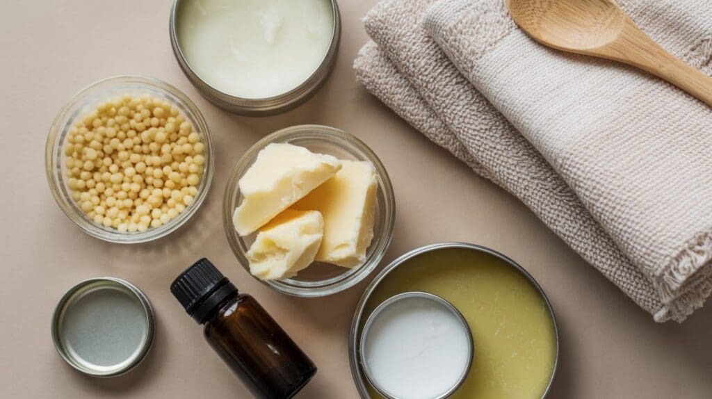 Jars with natural skincare ingredients for DIY foot balm, including solid butter, beeswax pellets, an oil bottle, a tin of balm, folded towels, and a wooden spoon, arranged neatly on a beige surface.