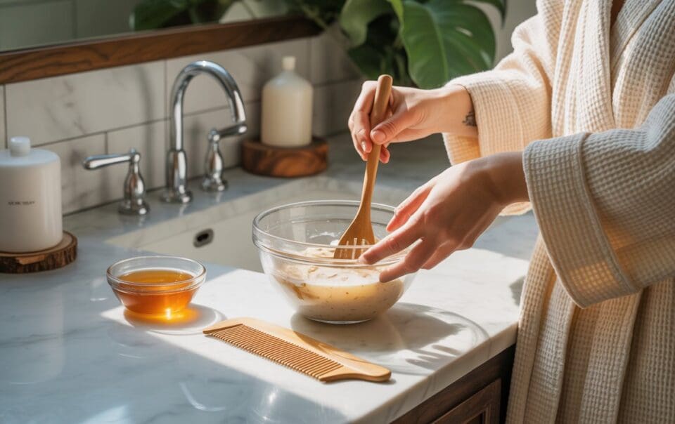 A person in a bathrobe mixes a creamy DIY Hair Masks mixture in a glass bowl with a wooden spoon beside a sink. Next to the bowl are a small dish of honey and a wooden comb on the marble countertop.