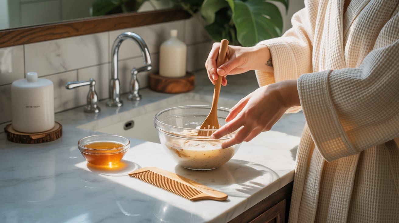 A person in a bathrobe mixes a creamy DIY Hair Masks mixture in a glass bowl with a wooden spoon beside a sink. Next to the bowl are a small dish of honey and a wooden comb on the marble countertop.