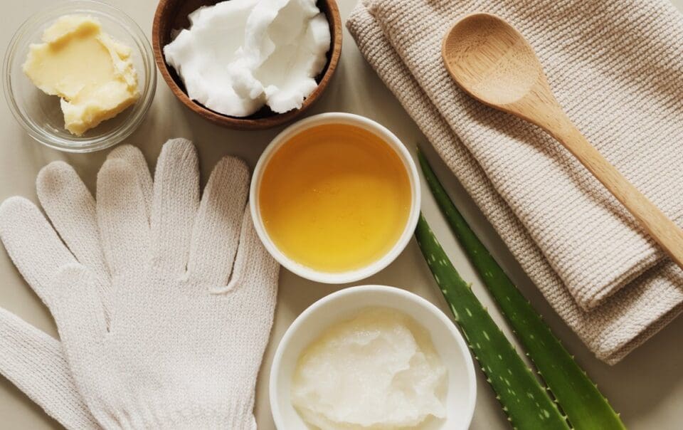 A flat lay of skincare ingredients and tools for a DIY hand mask, including shea butter, coconut oil, honey, scrub, two aloe vera leaves, a wooden spoon, beige towels, and a white exfoliating glove.