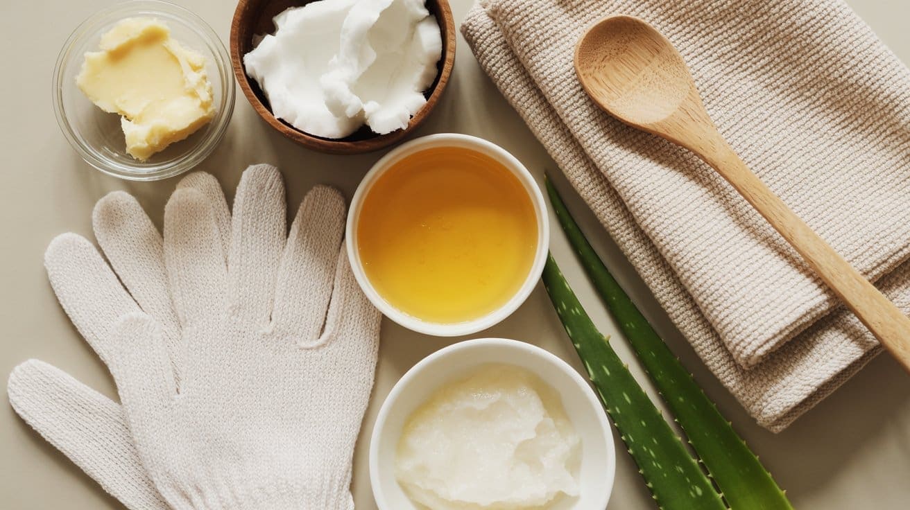 A flat lay of skincare ingredients and tools for a DIY hand mask, including shea butter, coconut oil, honey, scrub, two aloe vera leaves, a wooden spoon, beige towels, and a white exfoliating glove.