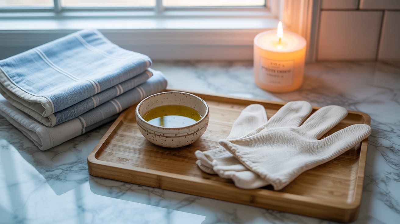 A wooden tray with a small bowl of oil, a pair of white gloves for DIY hand masks, sits on a marble counter near folded towels, next to a lit candle by a window.