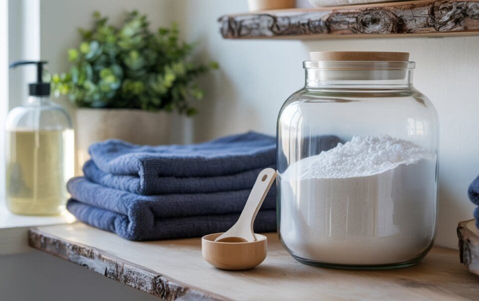 A glass jar of diy laundry detergent sits on a wooden shelf next to a wooden scoop, a stack of neatly folded blue towels, a soap dispenser, and a small potted plant in a bright, organized laundry room.