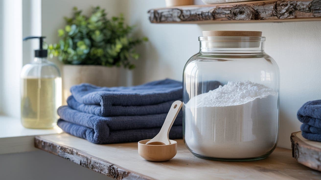 A glass jar of diy laundry detergent sits on a wooden shelf next to a wooden scoop, a stack of neatly folded blue towels, a soap dispenser, and a small potted plant in a bright, organized laundry room.