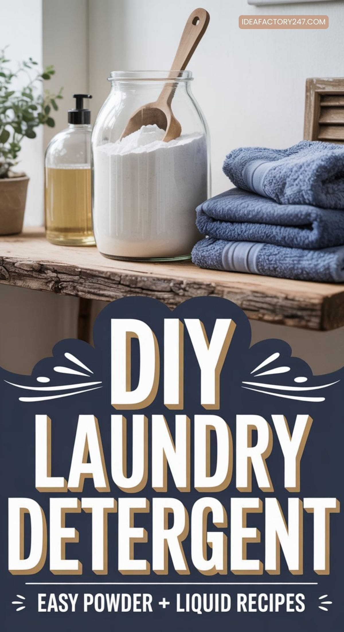 A jar of diy laundry detergent powder with a wooden spoon, a soap dispenser, and folded blue towels sit on a wooden shelf. Text below reads: DIY Laundry Detergent - Easy Powder + Liquid Recipes.