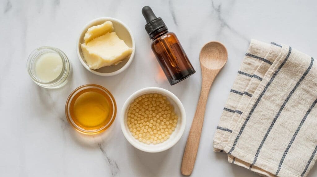 Various natural skincare ingredients in small bowls, a brown dropper bottle, a wooden spoon, and a folded striped cloth are arranged on a white marble surface.