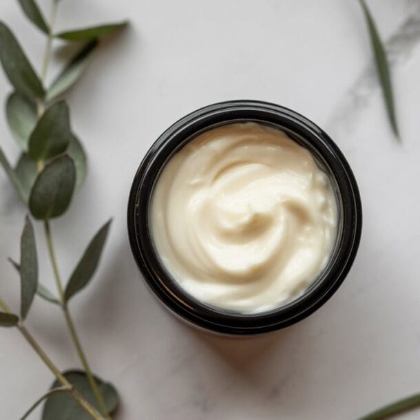 An open black jar filled with creamy white lotion sits on a white marble surface, with green eucalyptus leaves arranged nearby.