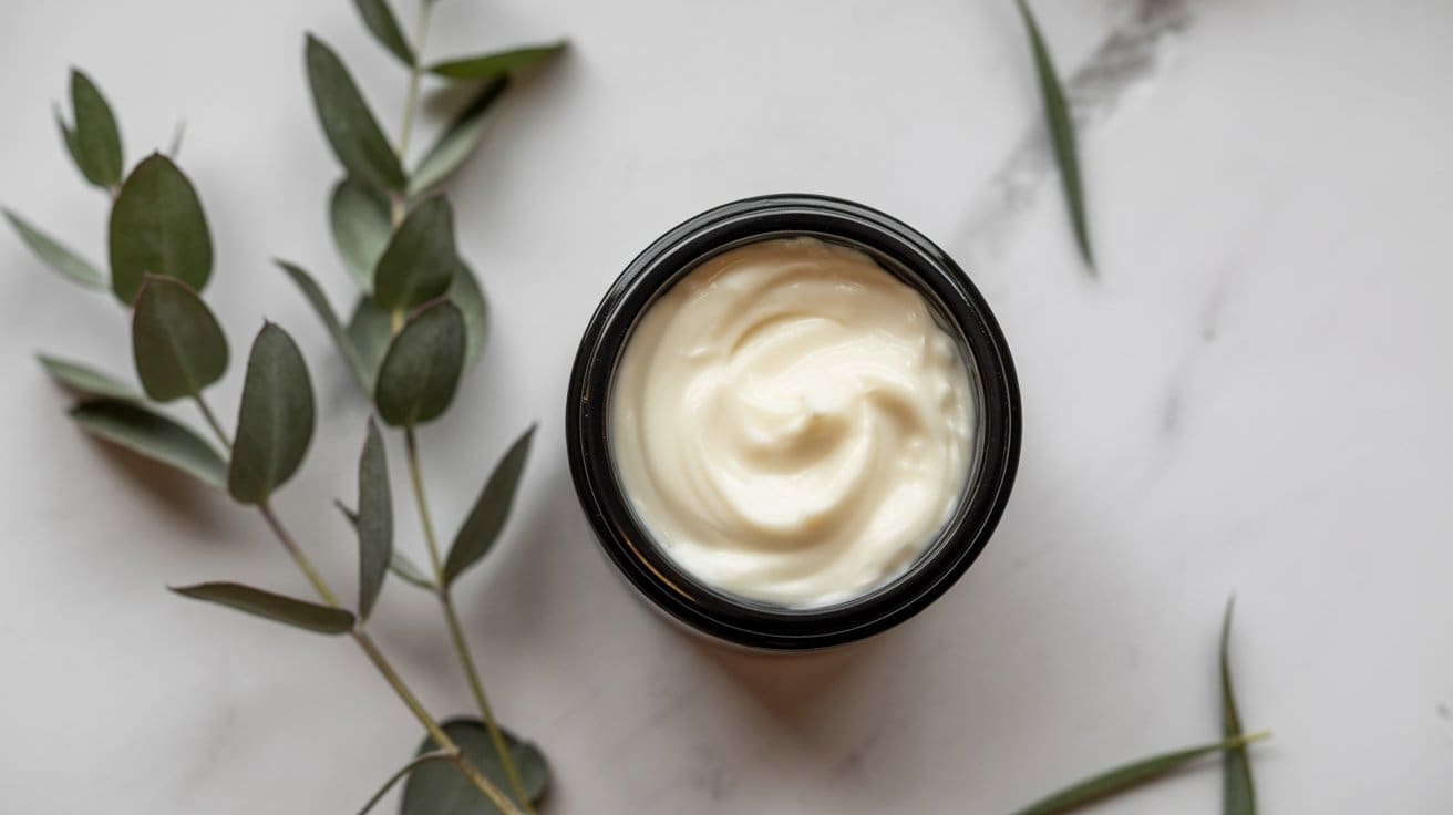 An open black jar filled with creamy white lotion sits on a white marble surface, with green eucalyptus leaves arranged nearby.