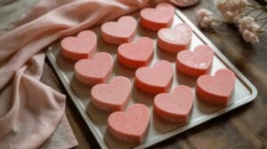 A tray of pink, heart-shaped Heart Sugar Scrub Bars arranged in neat rows sits on a wooden surface, with a soft pink cloth and delicate dried flowers beside it.