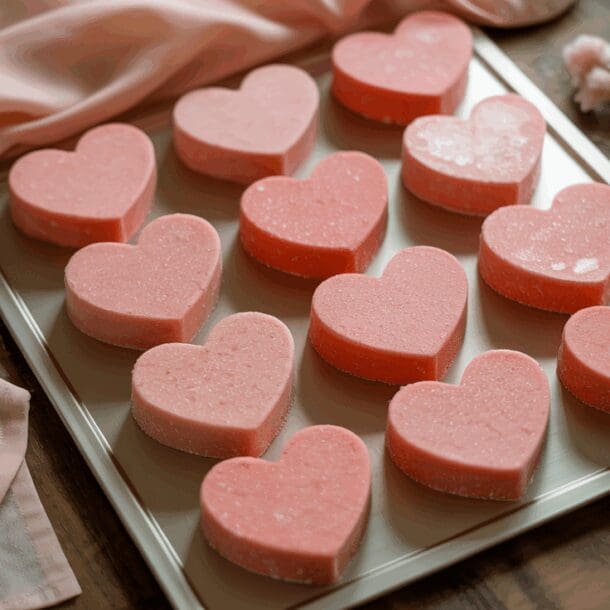 A tray of pink, heart-shaped Heart Sugar Scrub Bars arranged in neat rows sits on a wooden surface, with a soft pink cloth and delicate dried flowers beside it.