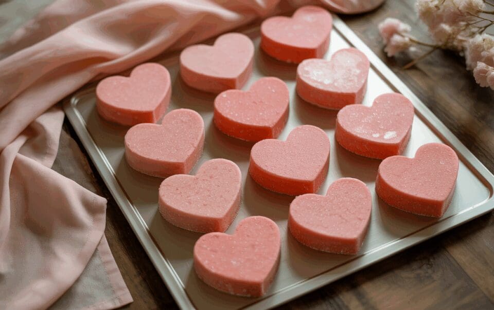 A tray of pink, heart-shaped Heart Sugar Scrub Bars arranged in neat rows sits on a wooden surface, with a soft pink cloth and delicate dried flowers beside it.
