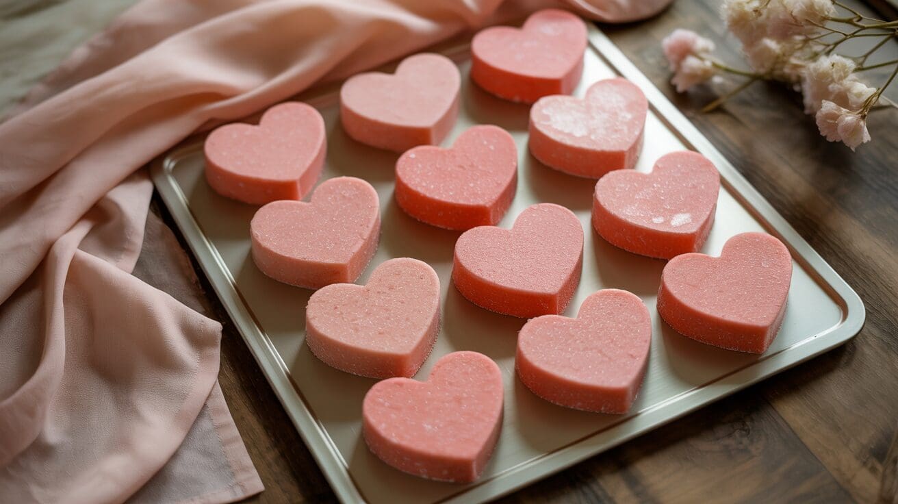 A tray of pink, heart-shaped Heart Sugar Scrub Bars arranged in neat rows sits on a wooden surface, with a soft pink cloth and delicate dried flowers beside it.