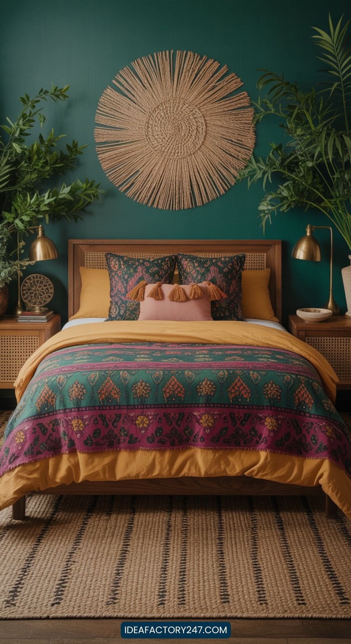 A stylish bedroom with a dark green wall, rattan bed frame, colorful bedding in teal, gold, and magenta, decorative pillows, gold lamps, large woven wall art, green plants, and a striped rug.