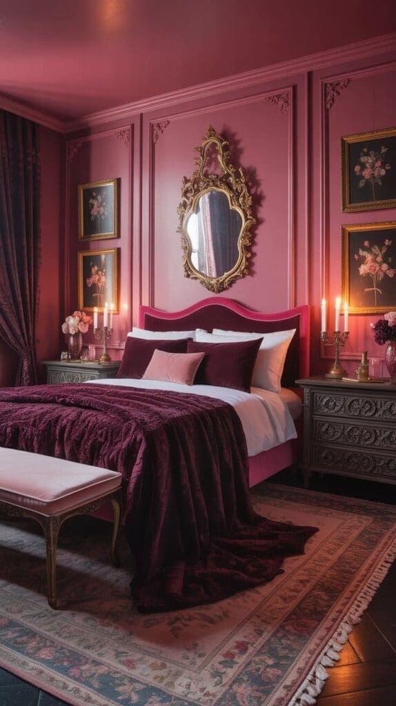 A luxurious pink and burgundy bedroom features deep pink walls, an ornate gold mirror, and framed flower art above a bed with velvet burgundy bedding. Vintage nightstands hold candles and flowers, creating a romantic, elegant atmosphere.