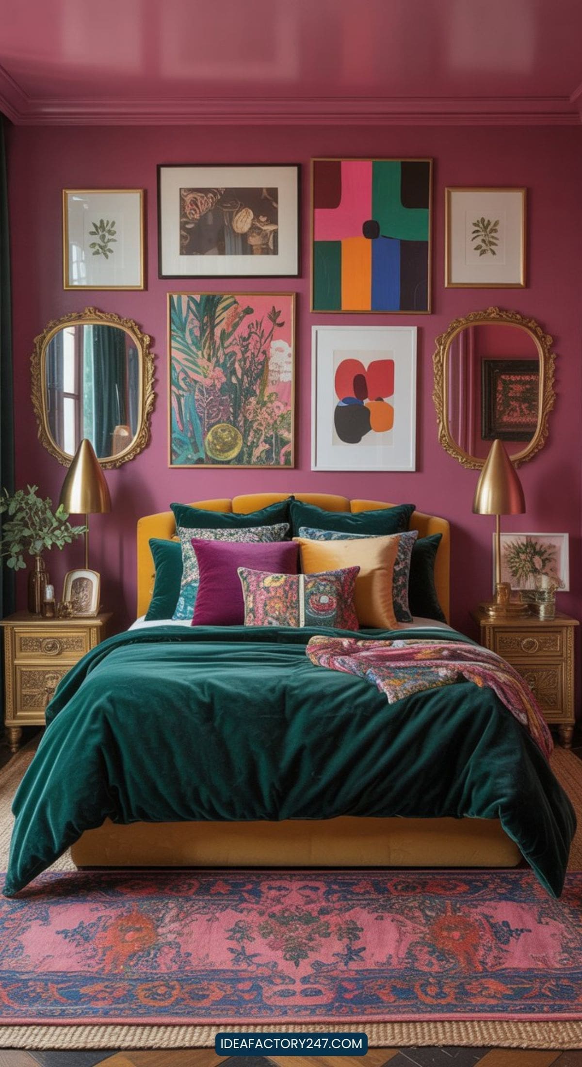 A stylish bedroom with magenta walls, a green velvet bed, colorful pillows, gold lamps, ornate mirrors, and vibrant artwork above the bed, creating an eclectic and cozy atmosphere.
