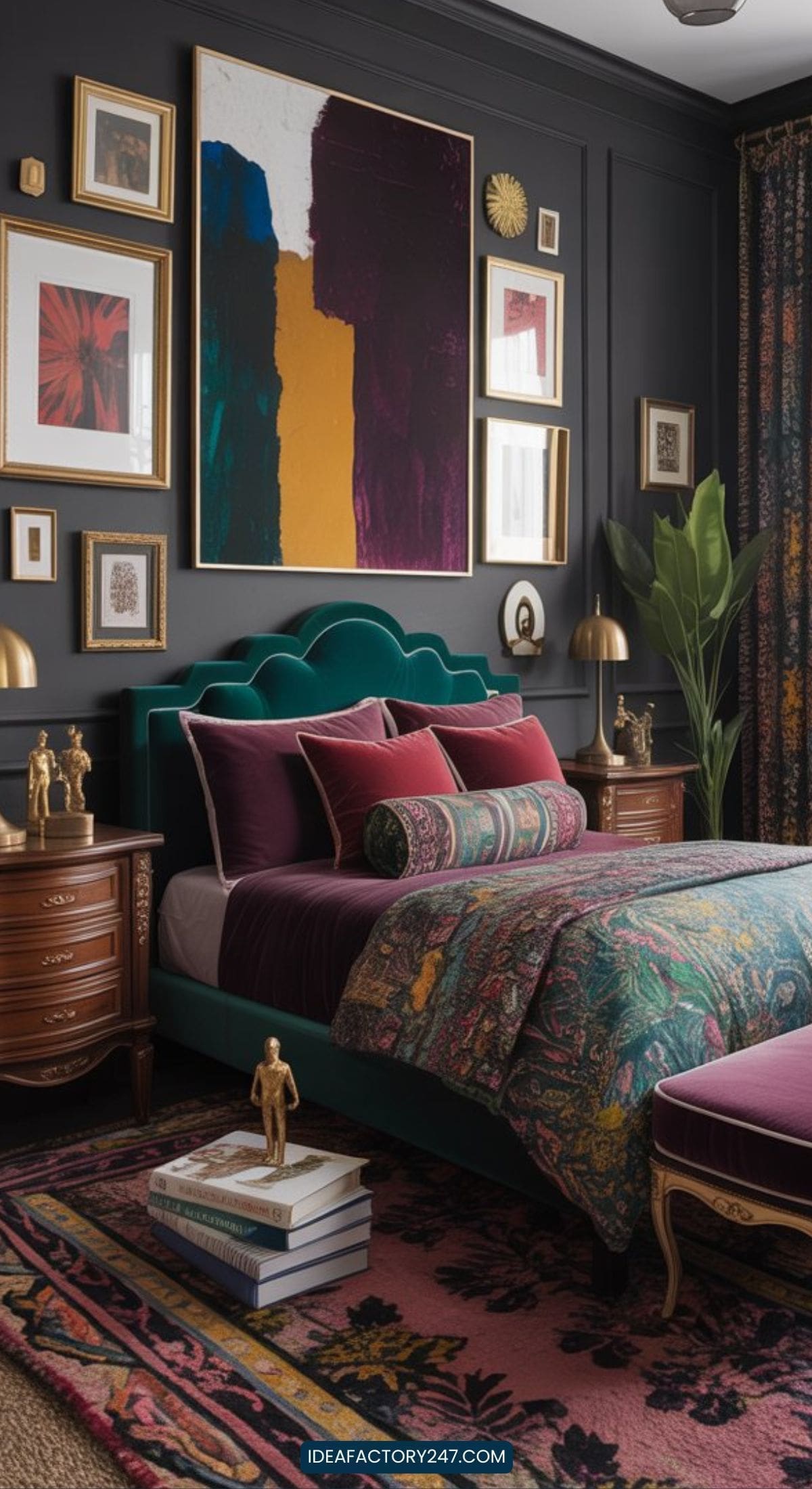 A stylish bedroom with a dark paneled wall, a green velvet bed, colorful bedding, eclectic artwork, gold lamps, patterned curtains, vintage nightstands, books, and decorative figurines, creating a luxurious, artistic atmosphere.