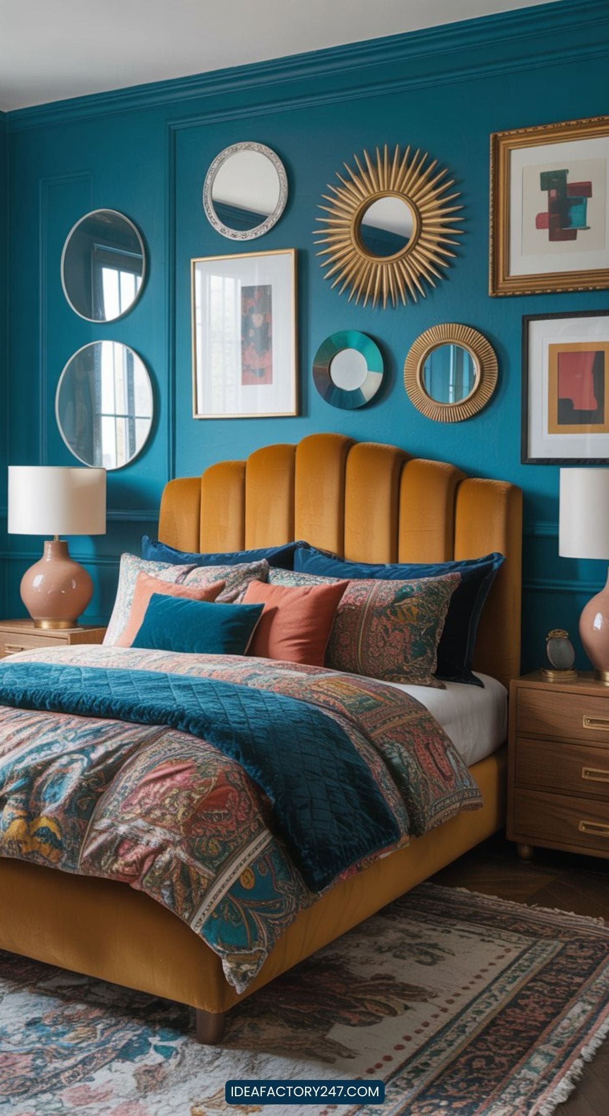 A stylish bedroom with a mustard yellow upholstered bed, paisley and teal bedding, wooden nightstands, and lamps. The teal wall behind features framed art and round mirrors in various designs.