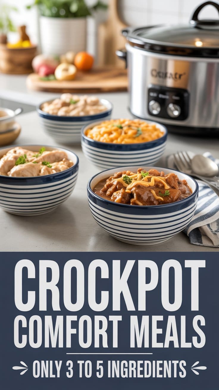 Four striped bowls filled with different crockpot meals are arranged on a kitchen counter near a slow cooker. Text reads: Crockpot Comfort Meals—Only 3 to 5 Ingredients. Fresh produce and utensils are in the background.