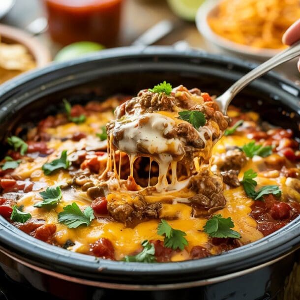A hand lifts a cheesy, beefy spoonful of crockpot taco dip from a slow cooker, topped with melted cheese and fresh cilantro, surrounded by tortilla chips and bowls of ingredients on a wooden table.